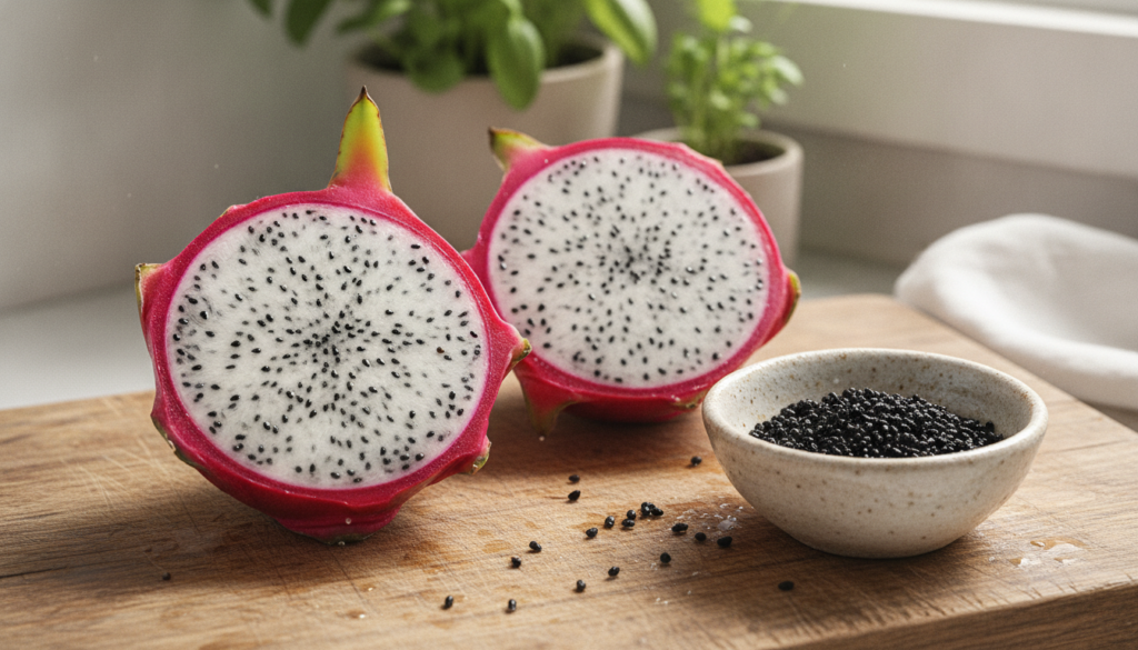 A halved dragon fruit showing its white flesh with tiny black seeds next to a small bowl of cleaned dragon fruit seeds