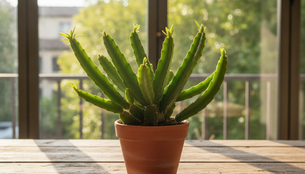 A young dragon fruit plant a few months old with multiple green stems growing upwards in a terracotta pot indoors near a