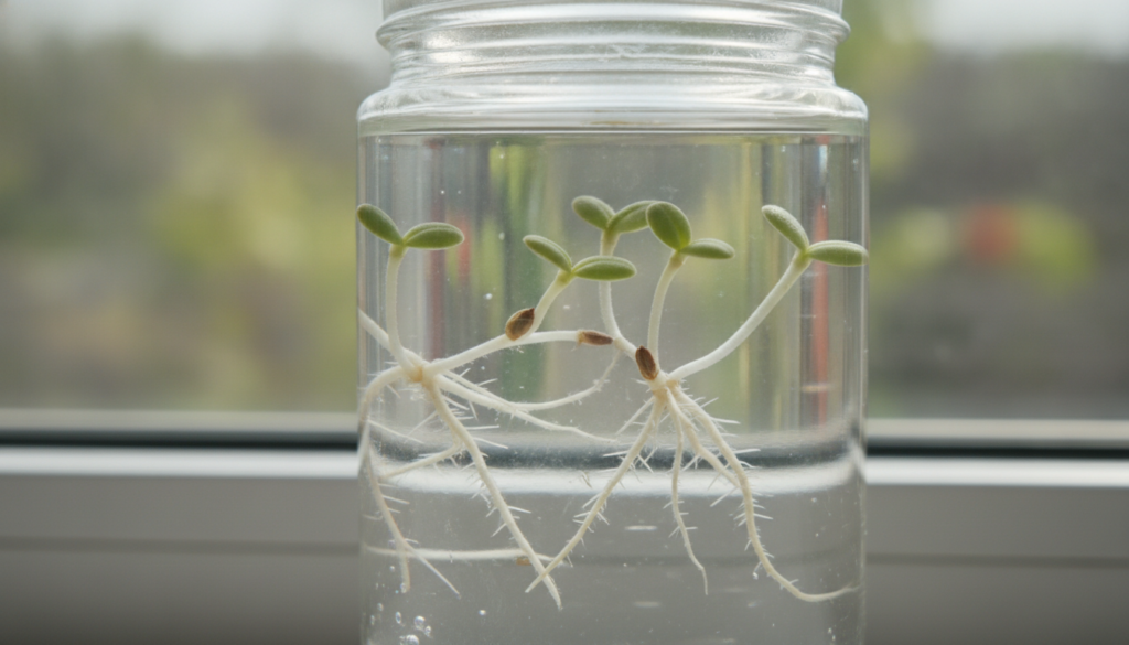 Tiny dragon fruit seedlings with roots visible germinating in a small glass jar filled with water placed on a sunlit win