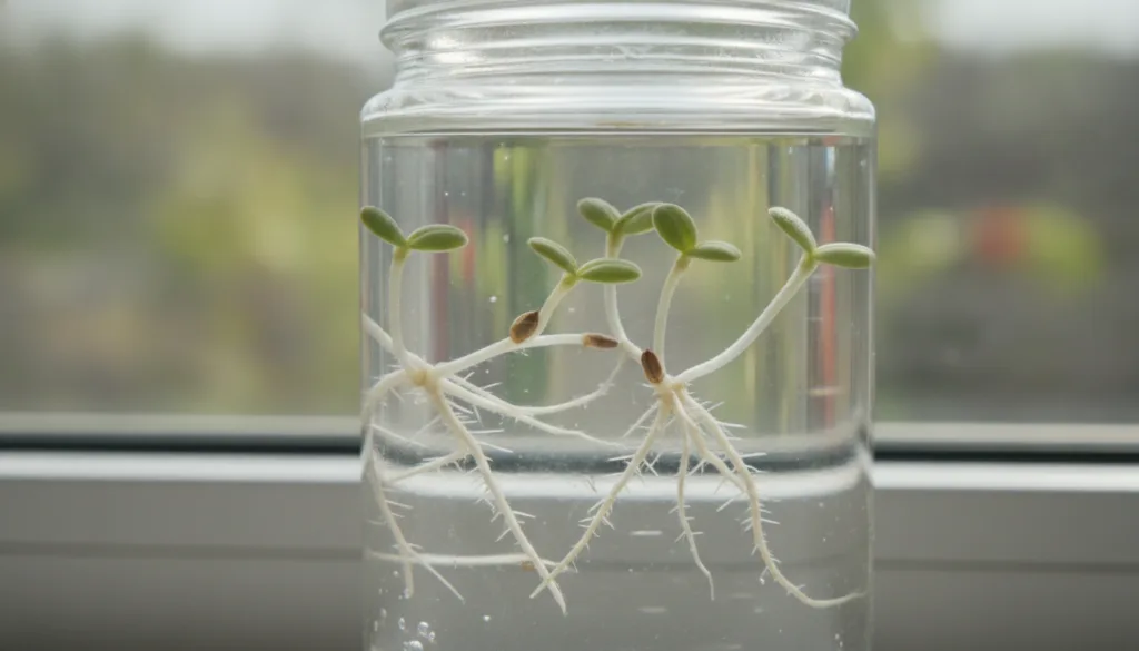 Tiny dragon fruit seedlings with roots visible germinating in a small glass jar filled with water placed on a sunlit win