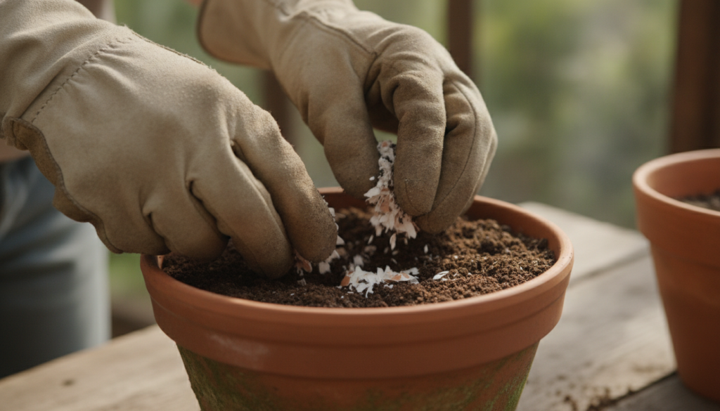 A gardener s hands gently mixing crushed eggshells into rich dark potting soil in a ceramic pot with a small green seedl