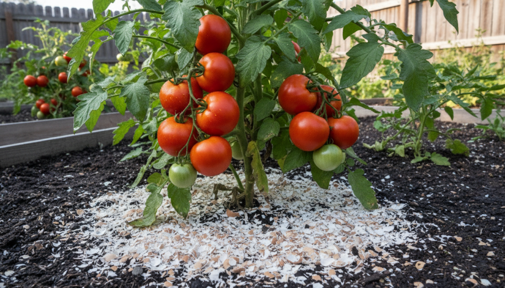 A vibrant tomato plant with bright red tomatoes showing no signs of blossom end rot with finely crushed eggshells visibl