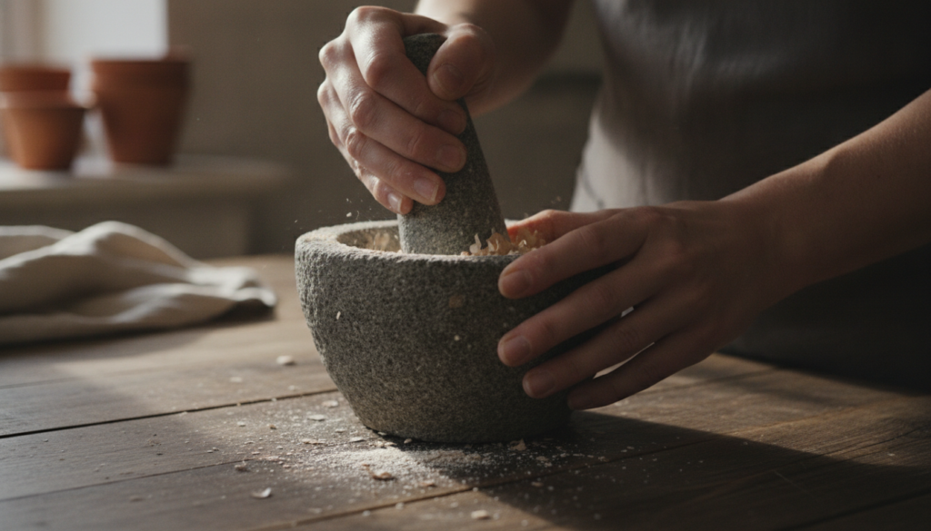 A close-up shot of eggshells being crushed by hand or with a mortar and pestle showing fine and coarse pieces with garde