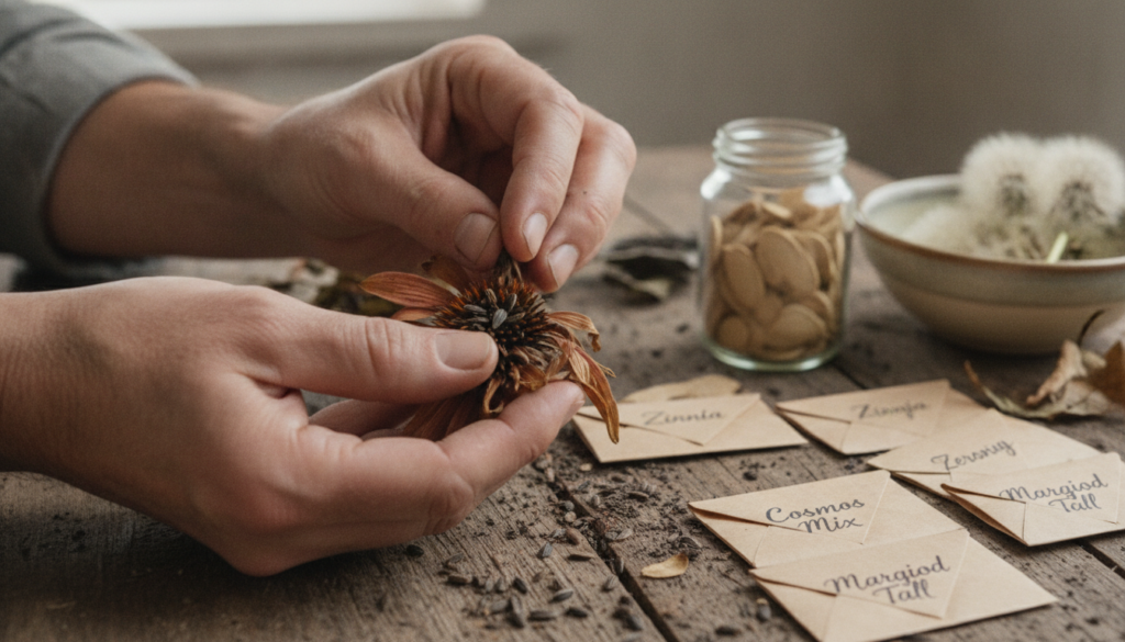 A close-up shot of a gardener s hands carefully selecting seeds from a dried flower head with various collected seeds an