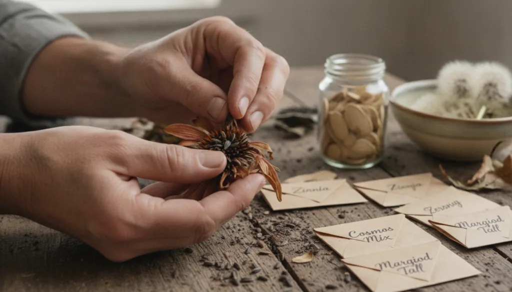 A close-up shot of a gardener s hands carefully selecting seeds from a dried flower head with various collected seeds an