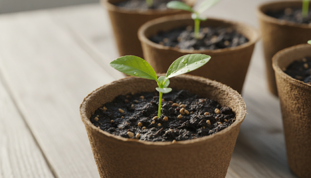 A close-up shot of a small lemon seedling emerging from soil in a biodegradable pot with other gardening tools and fresh