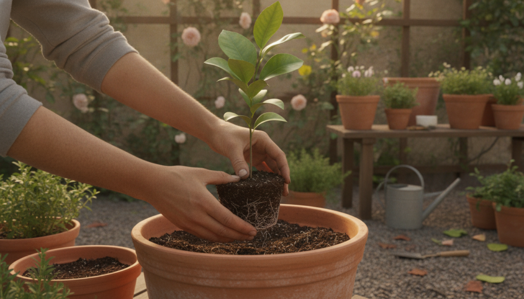 A healthy lemon seedling being carefully transferred from a small starter pot to a larger terracotta pot showing roots a