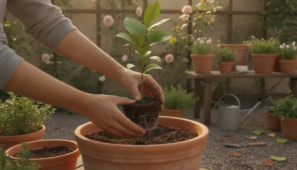 A healthy lemon seedling being carefully transferred from a small starter pot to a larger terracotta pot showing roots a