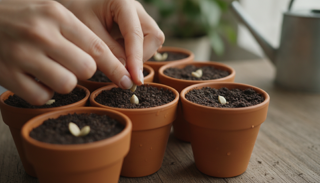 Hands planting small lemon seeds into individual pots filled with potting mix demonstrating the correct planting depth
