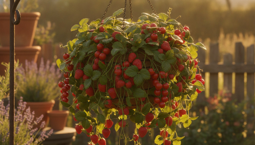 A beautiful lush hanging basket overflowing with a mix of ripe red strawberries and small cherry tomatoes with green fol
