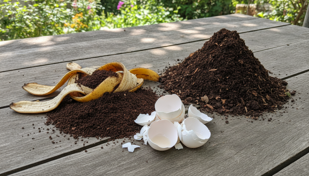 A close-up shot of various organic materials like banana peels coffee grounds eggshells and finished compost in a garden