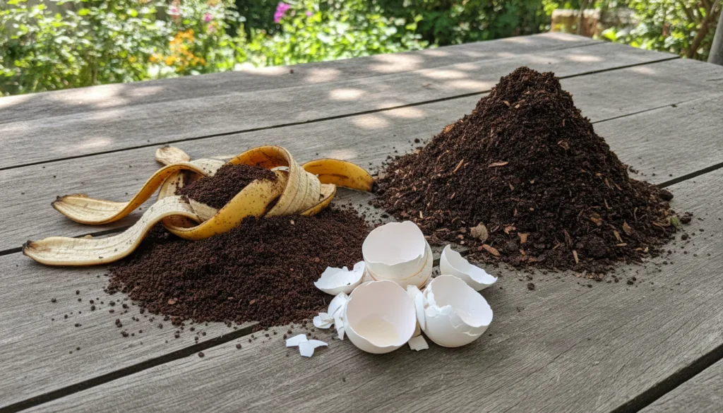 A close-up shot of various organic materials like banana peels coffee grounds eggshells and finished compost in a garden