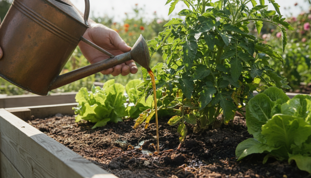 A gardener pouring homemade compost tea from a watering can onto healthy vegetable plants in a raised garden bed