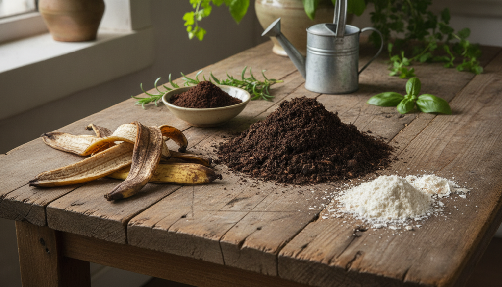 A collection of common kitchen scraps and natural ingredients suitable for DIY fertilizers such as banana peels coffee g