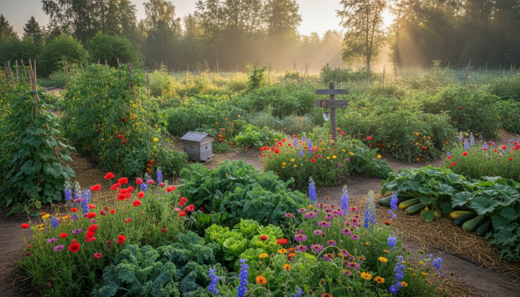 A vibrant healthy home garden with various colorful flowers and lush green vegetables growing in well-tended beds Sunlig