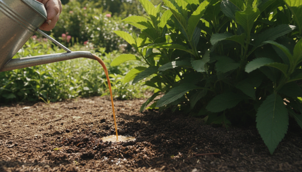A close-up of a gardener pouring homemade compost tea from a watering can onto the base of a young healthy plant in a ga