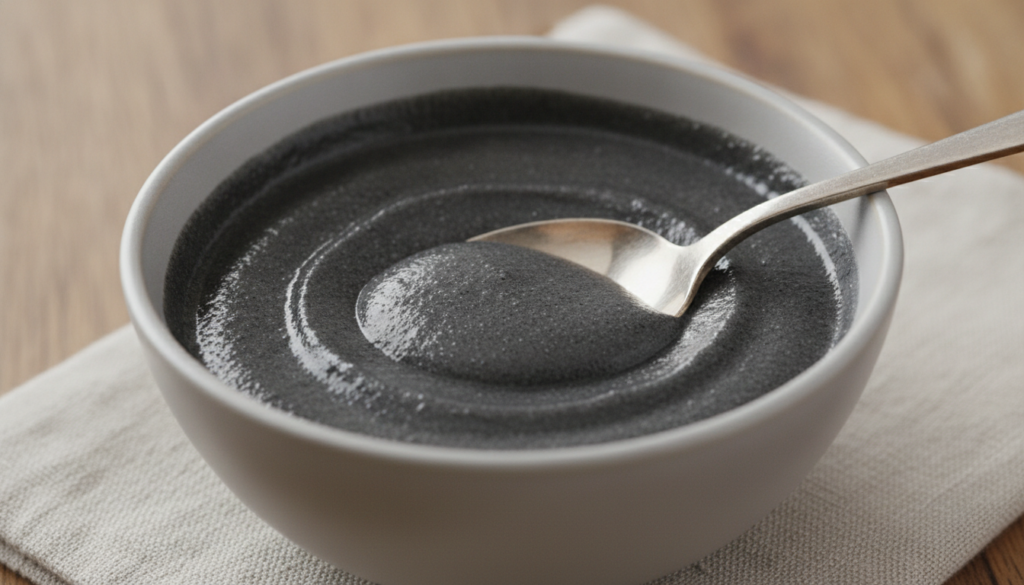 A small non-metallic bowl containing a dark gray paste made from lemon juice and activated charcoal with a spoon stirrin