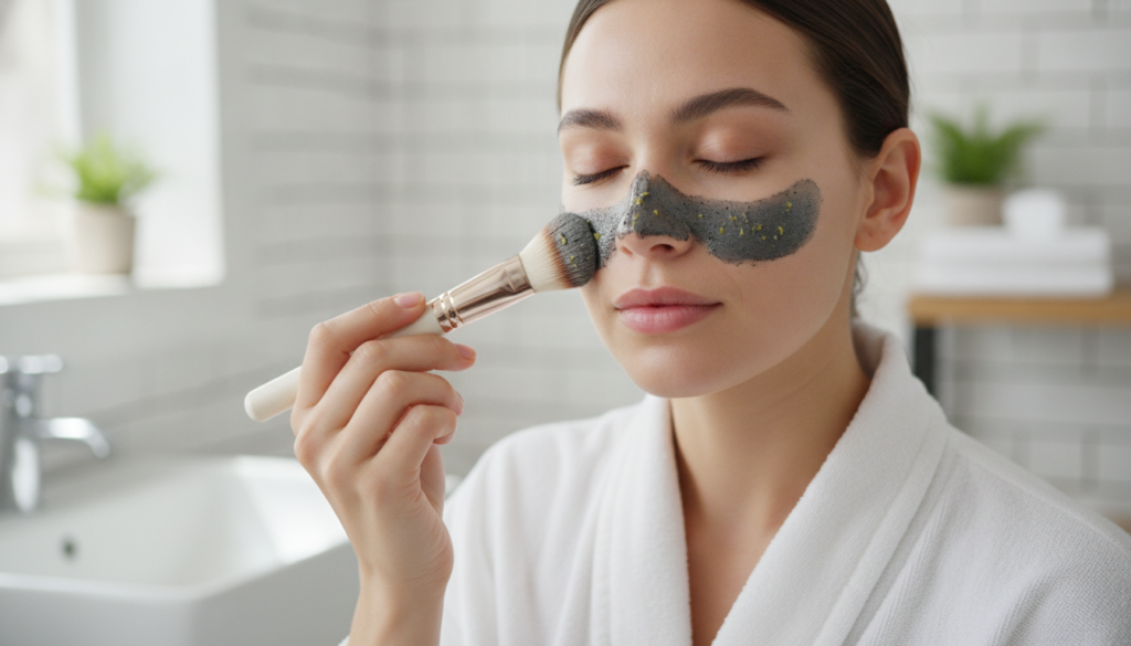 A woman gently applying a dark charcoal and lemon paste to her nose area with a brush