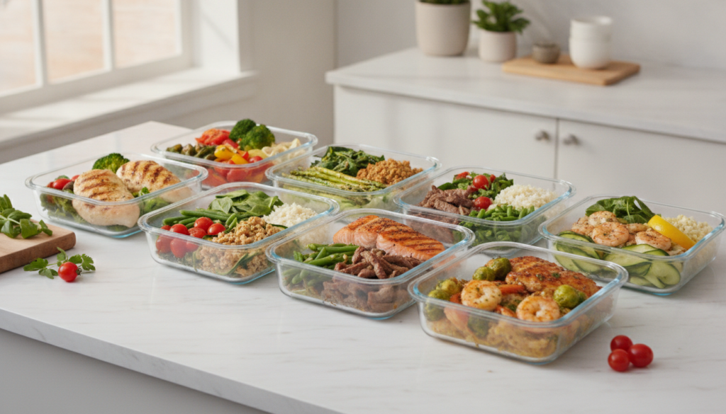 A variety of healthy portioned low-carb meals neatly arranged in clear glass meal prep containers on a kitchen counter s