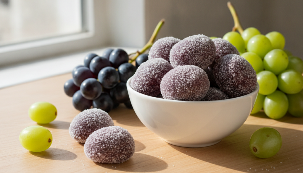 A white bowl filled with deep purple sugar-coated grape candies with fresh grapes next to it on a cheerful background