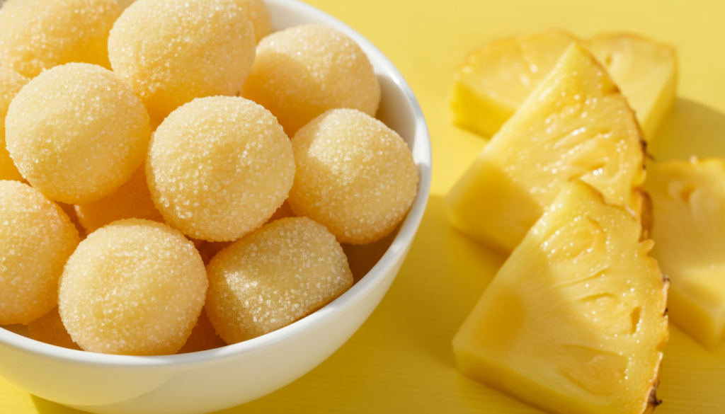 A white bowl filled with light yellow sugar-coated pineapple candies with fresh pineapple slices next to it on a vibrant