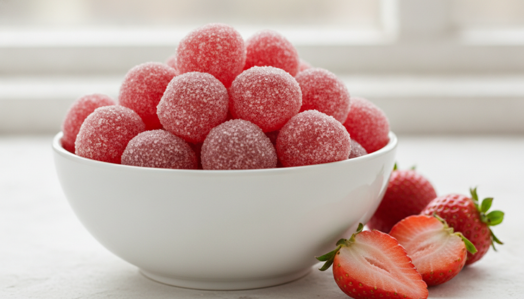 A white bowl filled with vibrant red sugar-coated strawberry candies with fresh strawberries next to it on a bright back