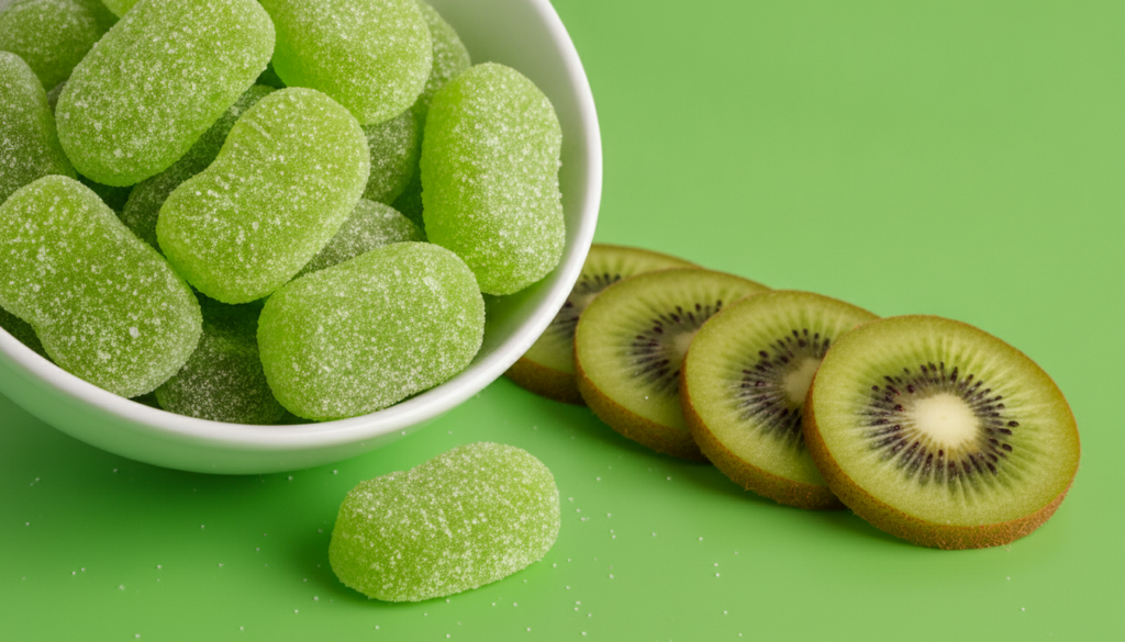 A white bowl filled with bright green sugar-coated kiwi candies with fresh sliced kiwis next to it on a fresh vibrant ba