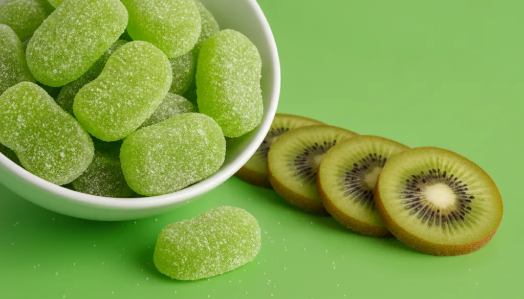 A white bowl filled with bright green sugar-coated kiwi candies with fresh sliced kiwis next to it on a fresh vibrant ba