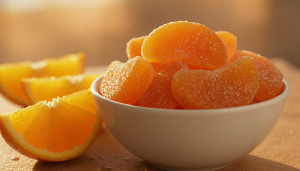 A white bowl filled with bright orange sugar-coated orange candies with fresh orange slices next to it on a lively backg