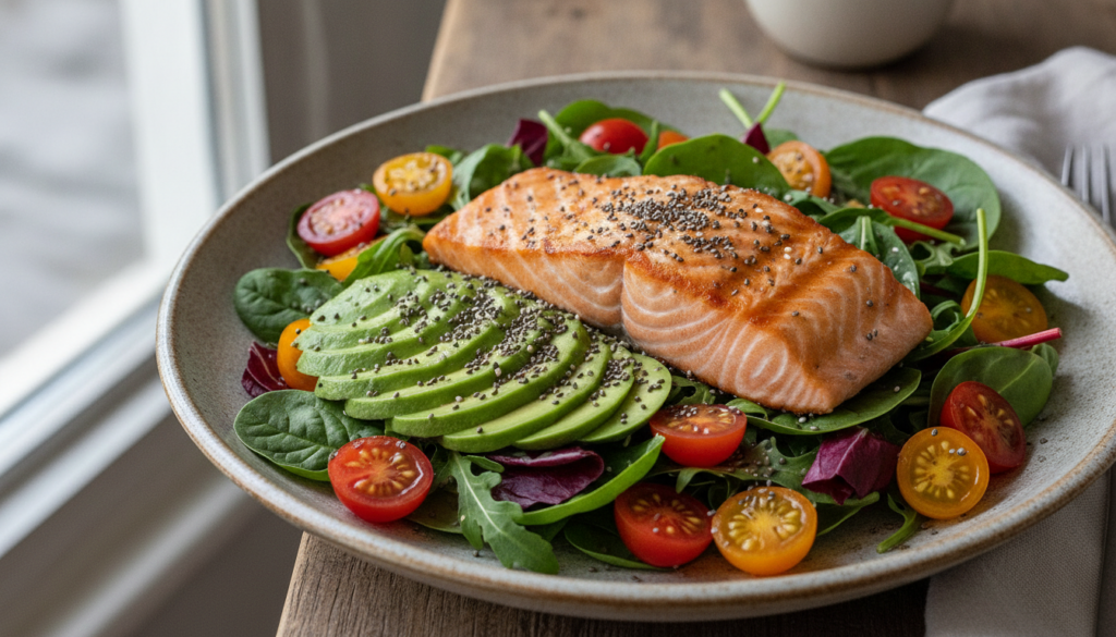 A vibrant fresh salad topped with sliced avocado grilled salmon a sprinkle of chia seeds and a generous drizzle of olive