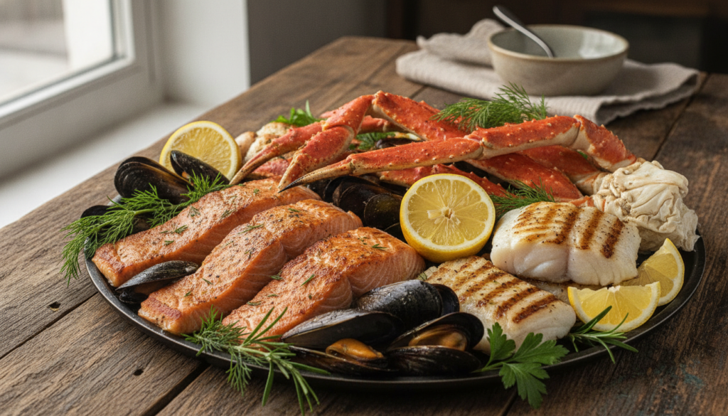 A vibrant fresh seafood platter featuring a variety of cooked low-carb seafood like salmon fillets steamed mussels crab 