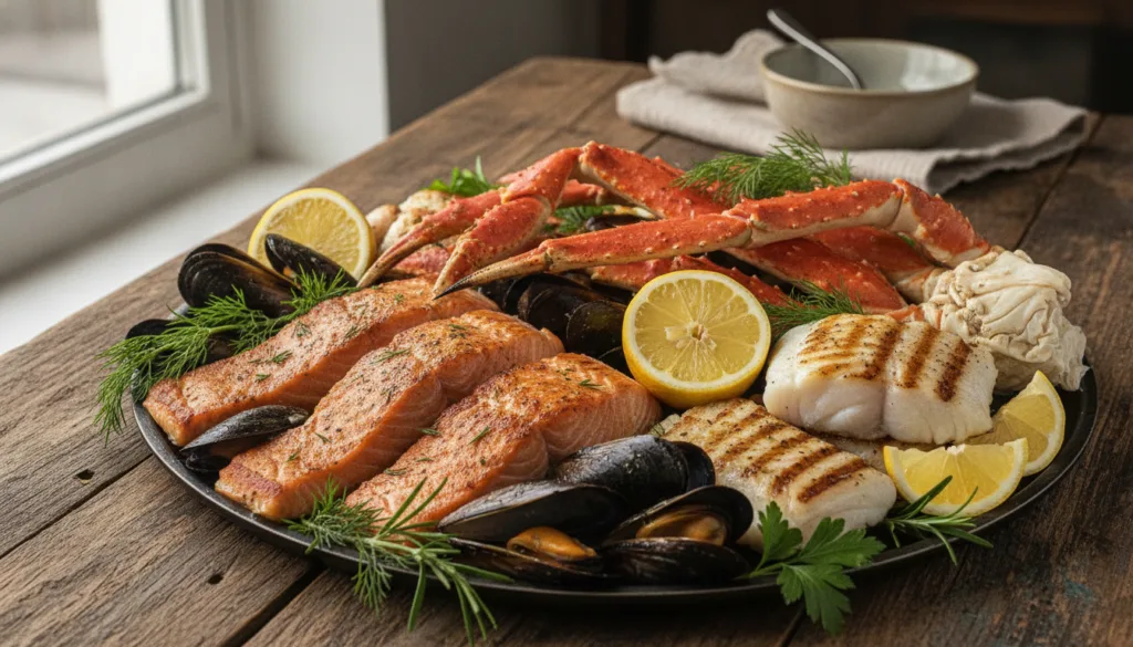 A vibrant fresh seafood platter featuring a variety of cooked low-carb seafood like salmon fillets steamed mussels crab 