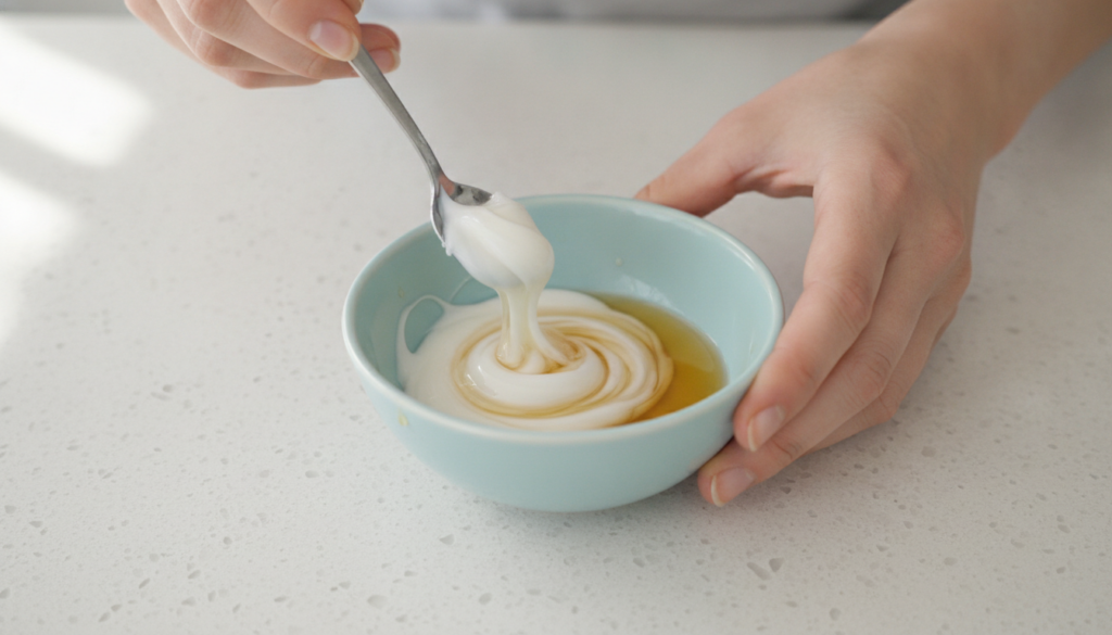 Hands mixing Vaseline and sweet almond oil in a small bowl with a spoon
