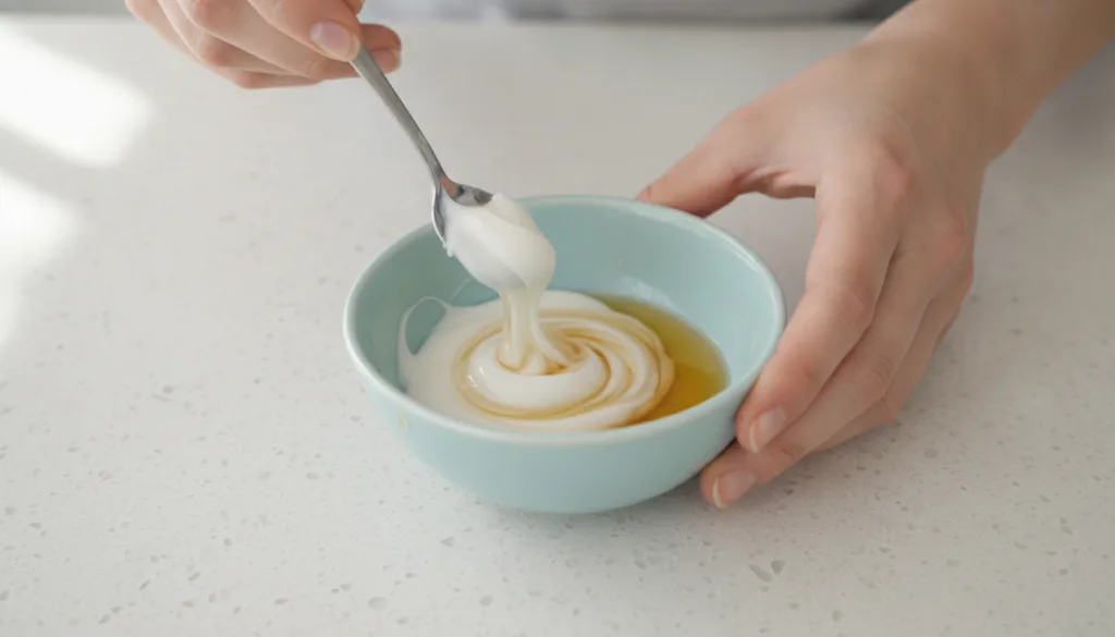 Hands mixing Vaseline and sweet almond oil in a small bowl with a spoon