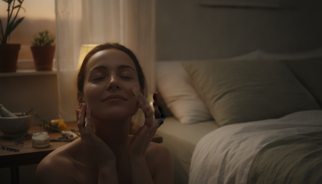 Woman gently massaging a small amount of balm onto her face and neck before bed