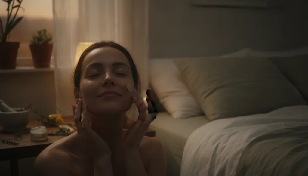 Woman gently massaging a small amount of balm onto her face and neck before bed