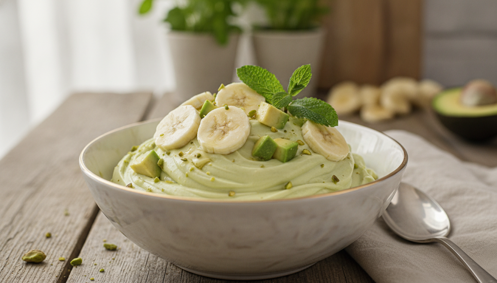 A vibrant creamy pale green avocado banana nice cream served in an elegant bowl garnished with a few slices of banana a 