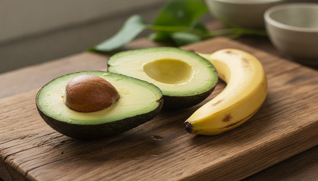 A close-up of a perfectly ripe avocado sliced in half to show its creamy green flesh and large pit next to a peeled ripe