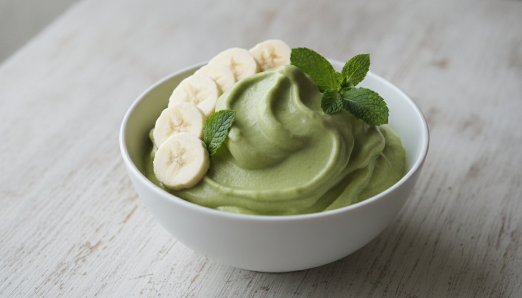 A vibrant creamy green avocado-banana nice cream in a bowl garnished with fresh banana slices and a few mint leaves phot