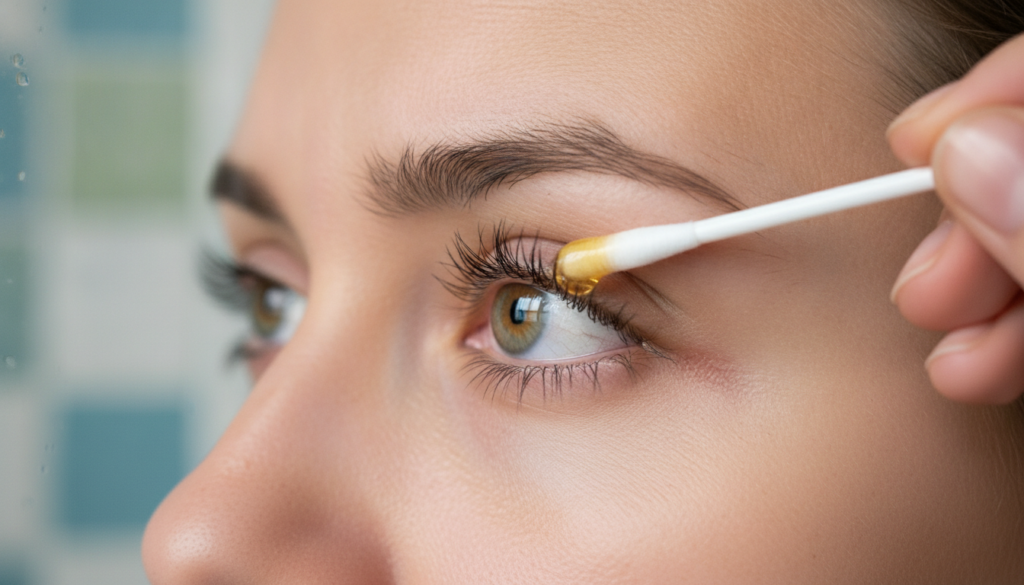 A person gently dabbing a small amount of castor oil onto their lash line with a clean cotton swab with a focus on preci