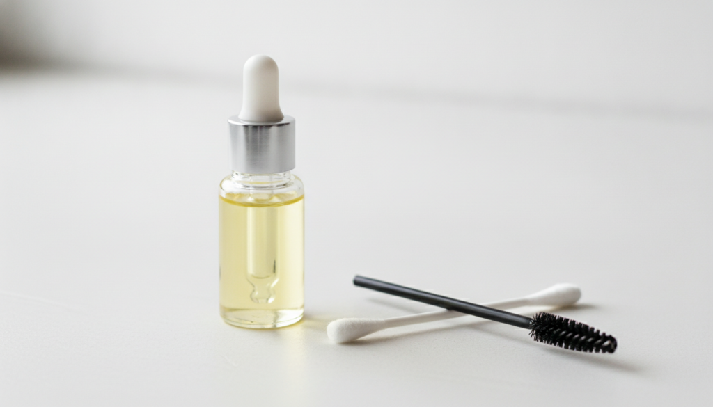 A small clear glass dropper bottle of pure cold-pressed castor oil next to a cotton swab and a clean sterilized mascara 