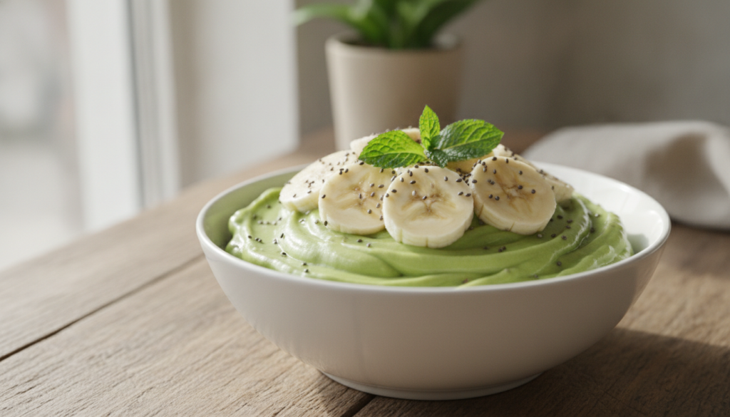 A vibrant green avocado banana nice cream in a bowl topped with fresh fruit like banana slices chia seeds and perhaps a 