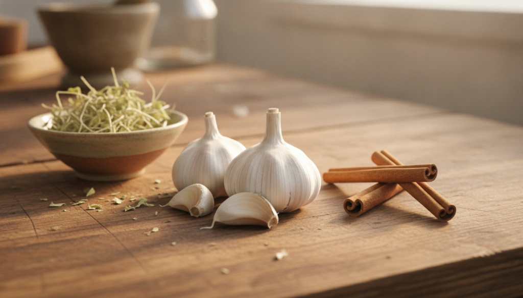A close-up of a kitchen counter with fresh garlic cloves dried oregano leaves in a small bowl and cinnamon sticks artful