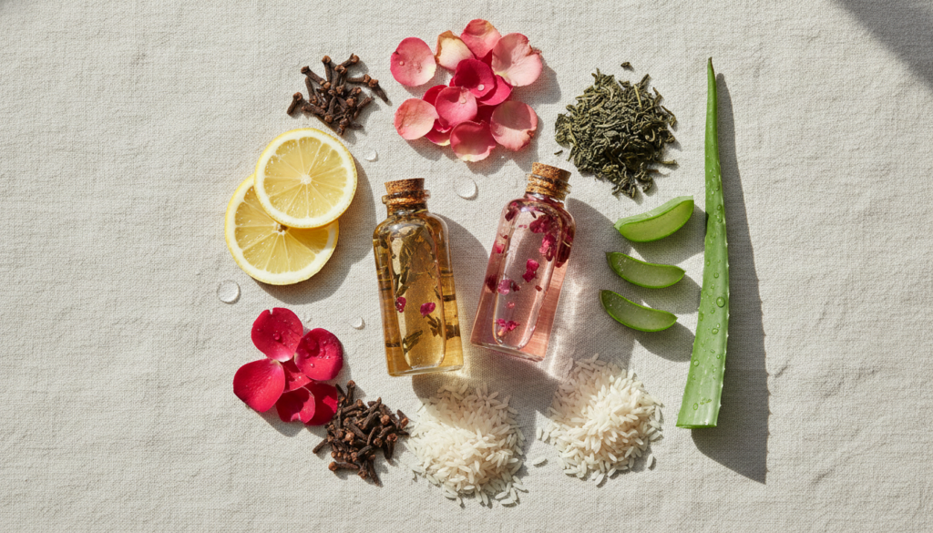 A beautiful flat lay of various natural ingredients including whole cloves lemon slices rose petals green tea leaves ric