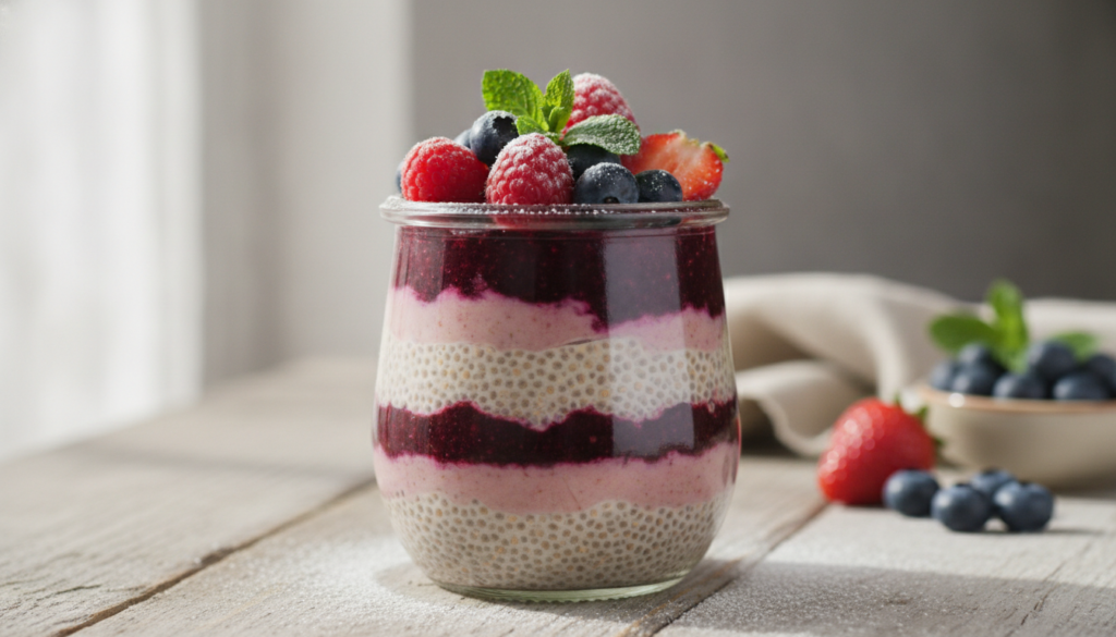 A vibrant chia pudding layered with fruits and nuts showing both black and white chia seeds