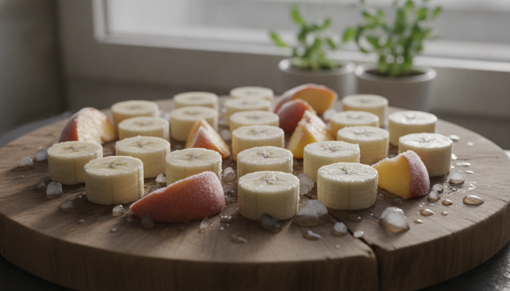 Close-up shot of frozen banana slices and peach chunks on a cutting board ready for blending