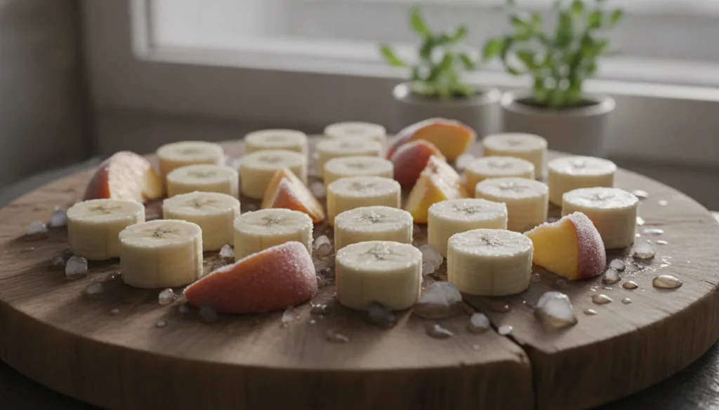 Close-up shot of frozen banana slices and peach chunks on a cutting board ready for blending
