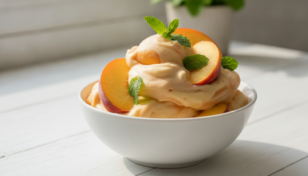 A vibrant bowl of peach and banana nice cream topped with fresh peach slices and mint leaves glistening under natural li