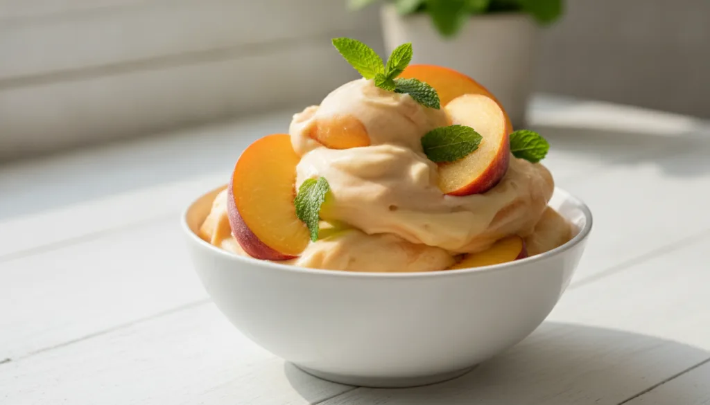 A vibrant bowl of peach and banana nice cream topped with fresh peach slices and mint leaves glistening under natural li