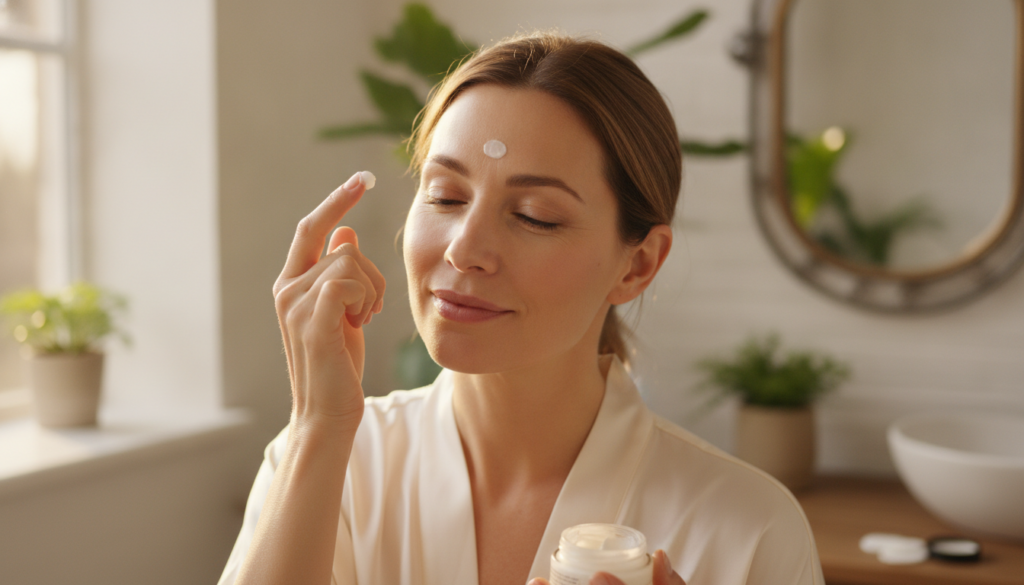 A woman gently applying the Aspirin and Vaseline paste to her forehead focusing on an area with fine lines
